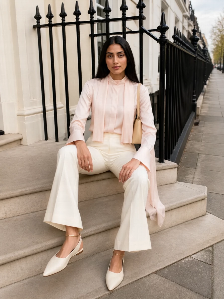 Jil sander blush satin shirt ivory flared trousers