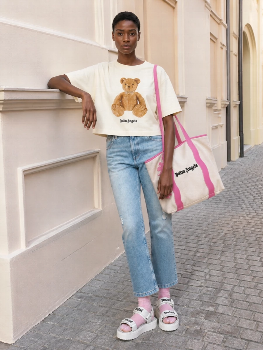 Palm angels teddy tee light wash jeans outfit
