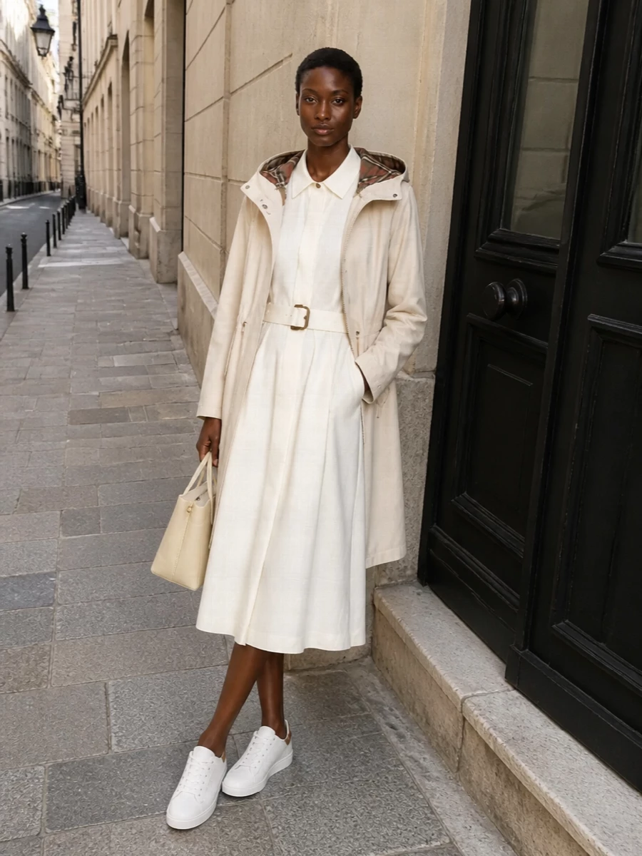 I’ve built a quietly luxurious, tonal trench-on-trench story by layering the cream Burberry parka over the soft-ivory belted midi shirt dress, so the look reads as one elongated, tailored column with subtle utility details. Clean white leather sneakers with just a hint of check keep it modern and city-ready, while the buttercream structured tote reinforces the refined neutral palette without competing with the coat’s hood lining. I chose the dress path over shirt-and-bottom pairings to avoid check overload and to let the outerwear remain the statement, with an elegant, effortless SS silhouette underneath.