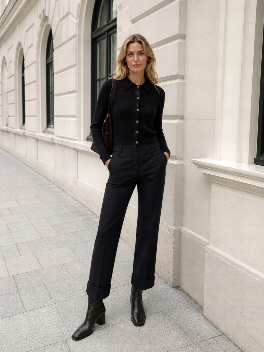 Our legacy cardigan navy tailored trousers outfit