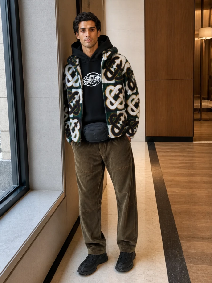 Casablanca fleece jacket corduroy cargos outfit