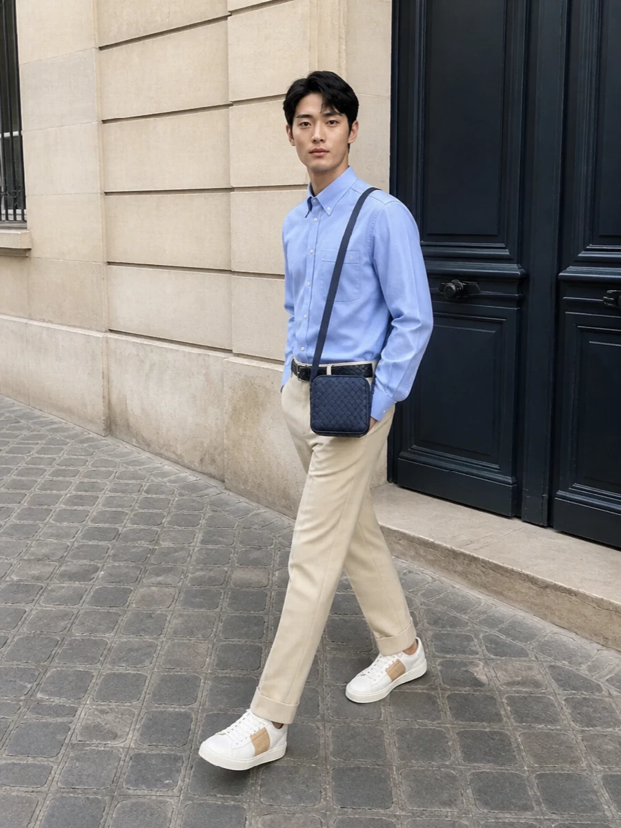 This look balances crisp tailoring with ease: the light-blue Valentino shirt pairs with the cuffed light-beige trousers for a refined, SS-friendly palette that feels both modern and understated. White-and-sand Valentino sneakers keep it relaxed yet elevated, while the navy Bottega crossbody and a discreet black belt introduce just enough structure and texture for a polished, quiet-luxury finish suitable from office hours to dinner in the city.