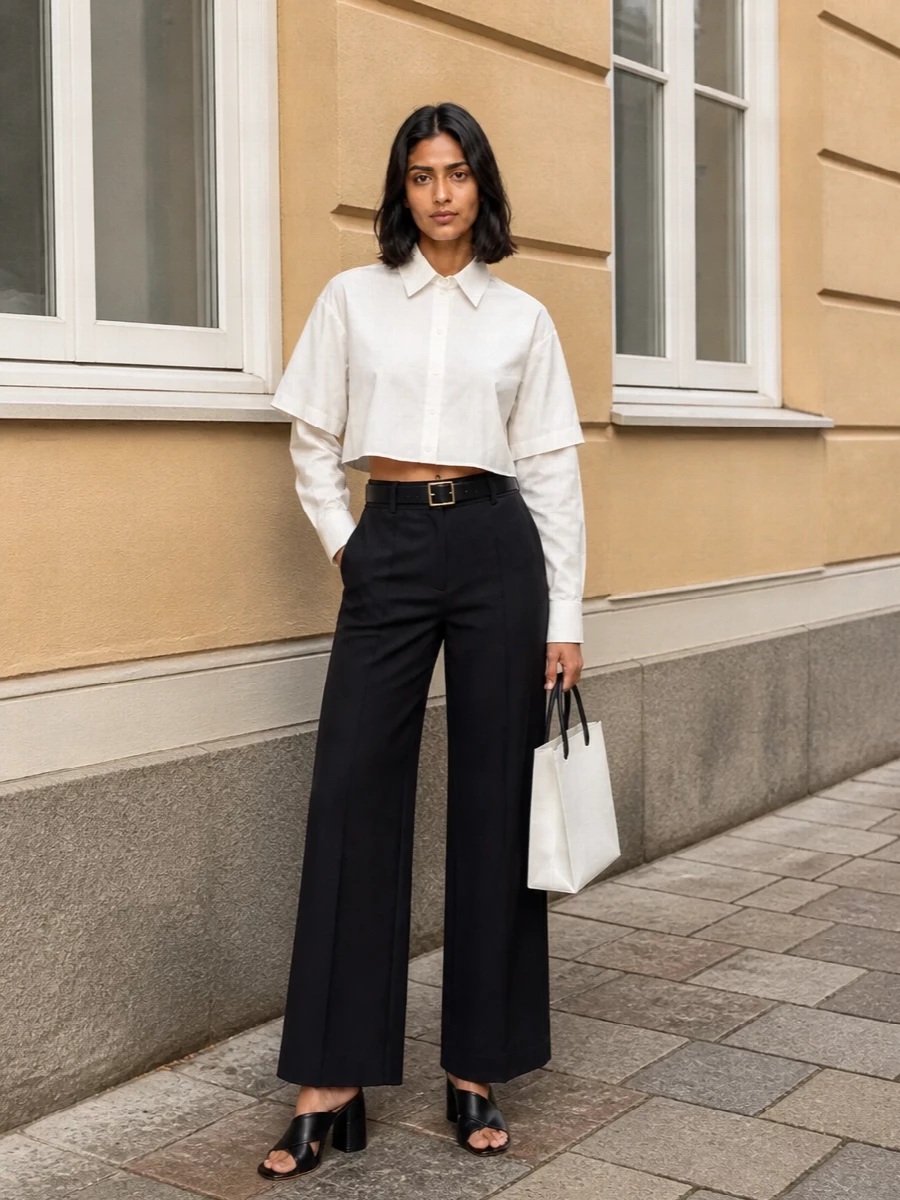 A cropped white shirt slices cleanly across the high-rise black wide leg, keeping the proportion sharp and the waist defined. Sculptural black mules and a graphic white mini tote underscore the monochrome palette with precise, city-ready polish. A slim black belt finishes the line, reinforcing the tailored edge against the fluid volume of the trouser.