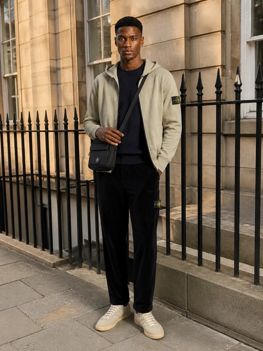 Stone island beige hoodie cords sneakers outfit