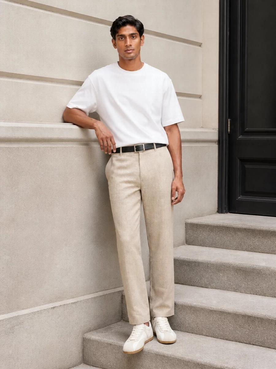 A crisp white tee lands against sun-washed beige tailoring for a soft, tonal take on city casual. Off-white trainers and a structured neutral tote keep everything light, graphic and quietly put-together. The slim black belt adds just enough contrast to define the waist without disturbing the calm palette.