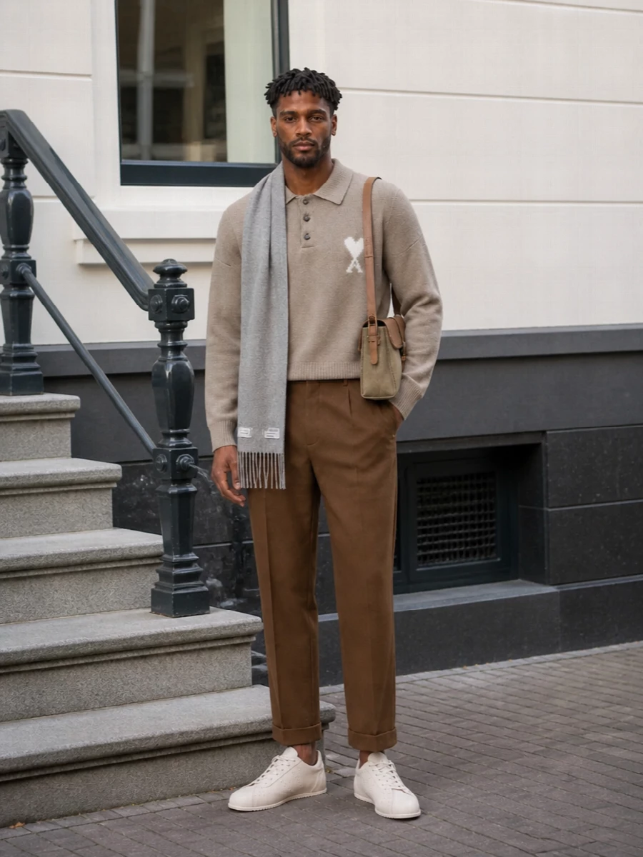 Ami camel polo sweater caramel pleated trousers