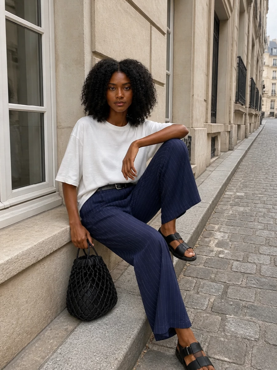 Frankie shop pinstripe trousers white tee outfit