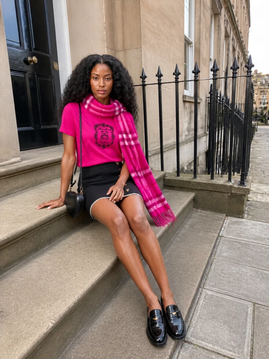 Moschino fuchsia tee black mini skirt outfit