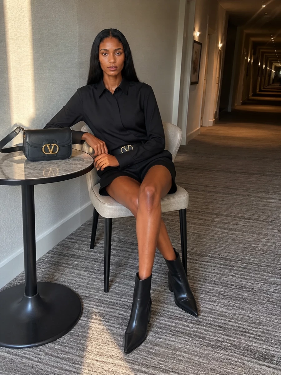 Valentino black tailored shorts outfit ankle boots