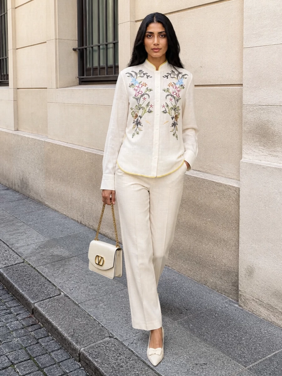 This look leans into soft, tonal elegance, pairing the embroidered Valentino shirt with clean ivory straight-leg trousers for a long, fluid silhouette that feels both romantic and tailored. Buttercream block-heel pumps and a compact matching flap bag echo the light palette and gold accents, keeping the outfit quietly luxurious and perfectly calibrated for refined SS days and polished evenings alike.