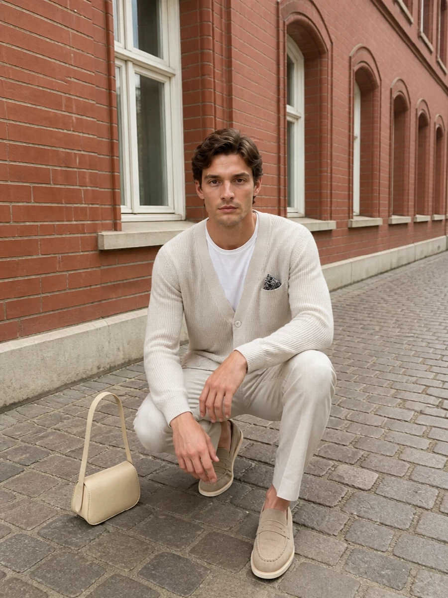 Lardini beige cardigan pleated trousers outfit