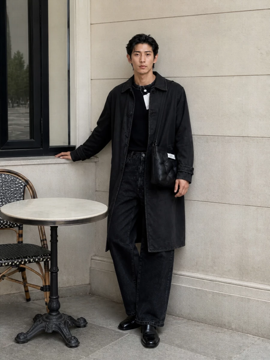 Maison margiela black coat wide leg jeans outfit