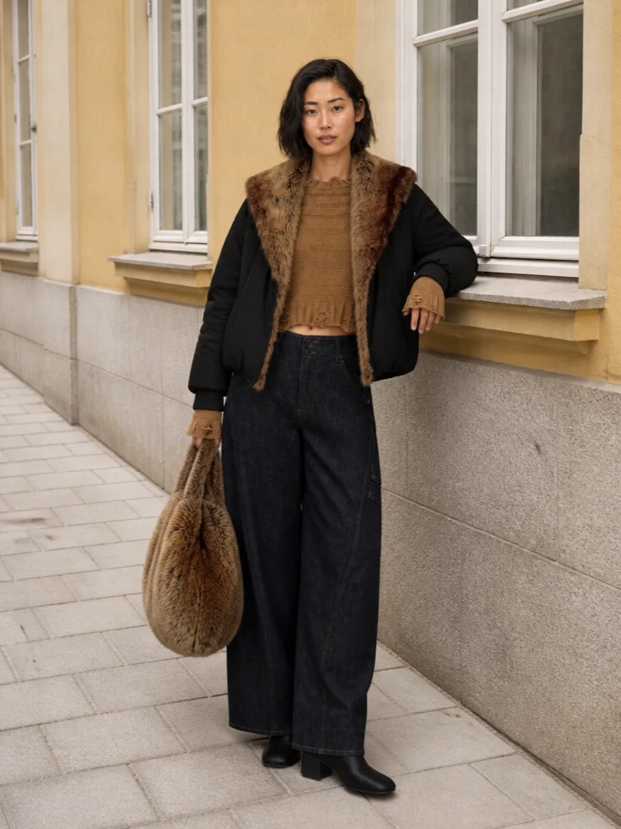 I’m building around the bomber as a downtown anchor, so I’m going top and cargo rather than competing with a dress silhouette. The distressed Mm6 knit, dark wide-leg cargos and sleek black boots keep the proportions strong and street-led, while the oversized faux-fur tote leans into the coat’s texture for a cohesive, high-low city mix.