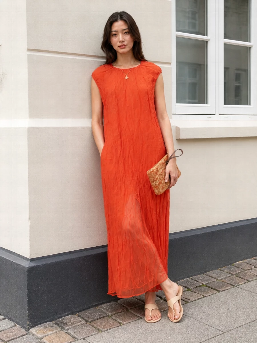Alysi orange maxi dress nude thong sandals