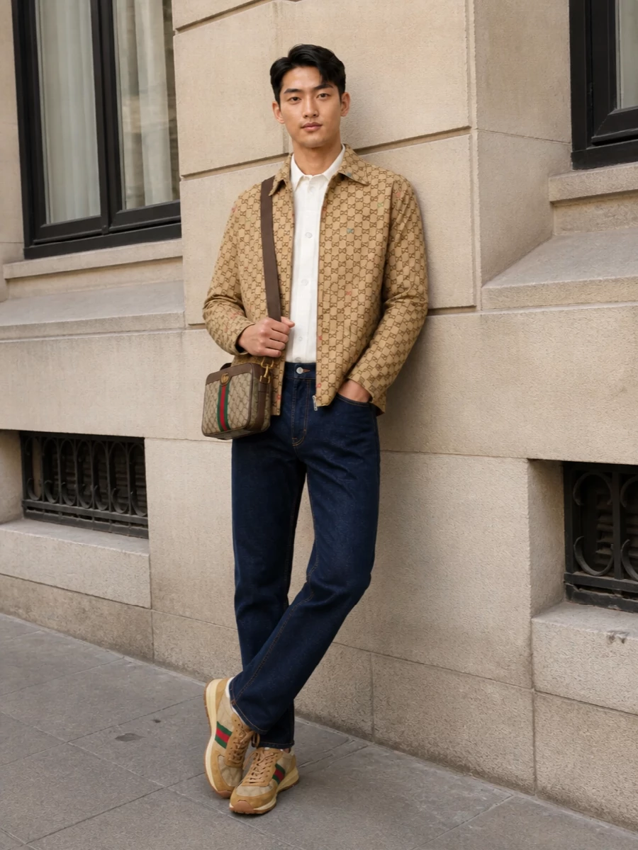Gucci gg shirt jacket dark denim outfit