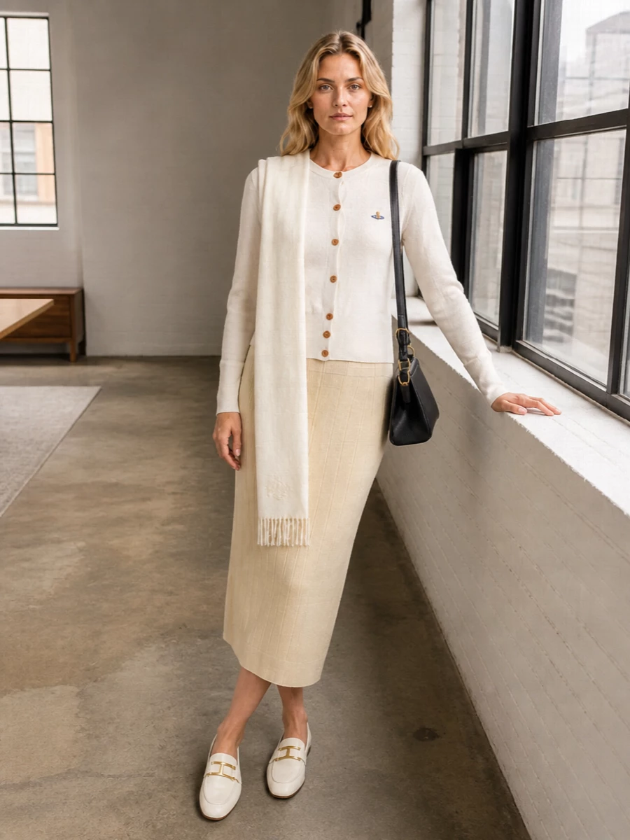 Soft ivory and buttercream knits form a long, ribbed column that feels calm and assured rather than fussy. The sharp ivory loafers and compact black frame bag introduce just enough structure to keep the palette from drifting into loungewear. It is a quiet, city-ready combination that moves easily from desk to low-key dinner with a simple lip change.