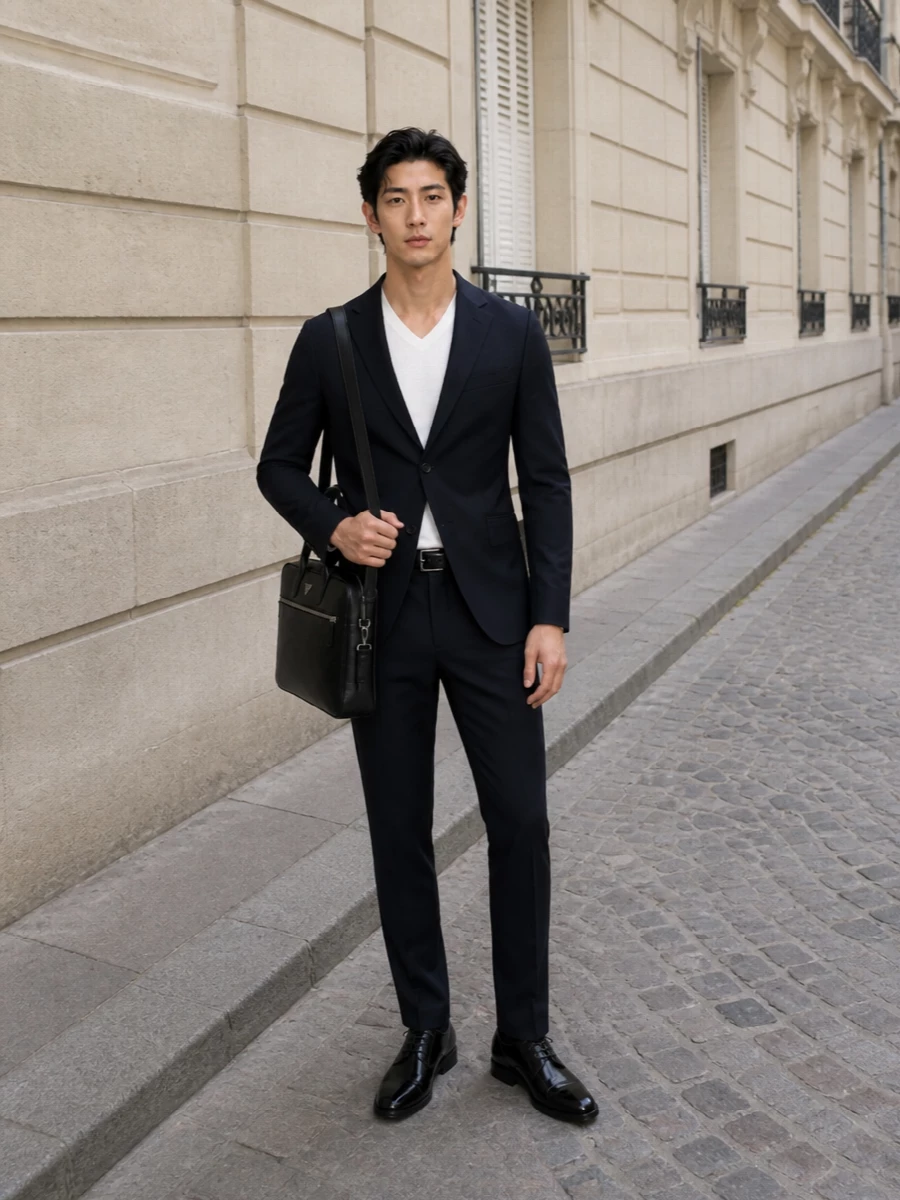 Emporio armani navy blazer tailored trousers outfit