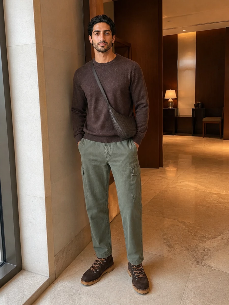 Cucinelli cargo trousers with hiking boots