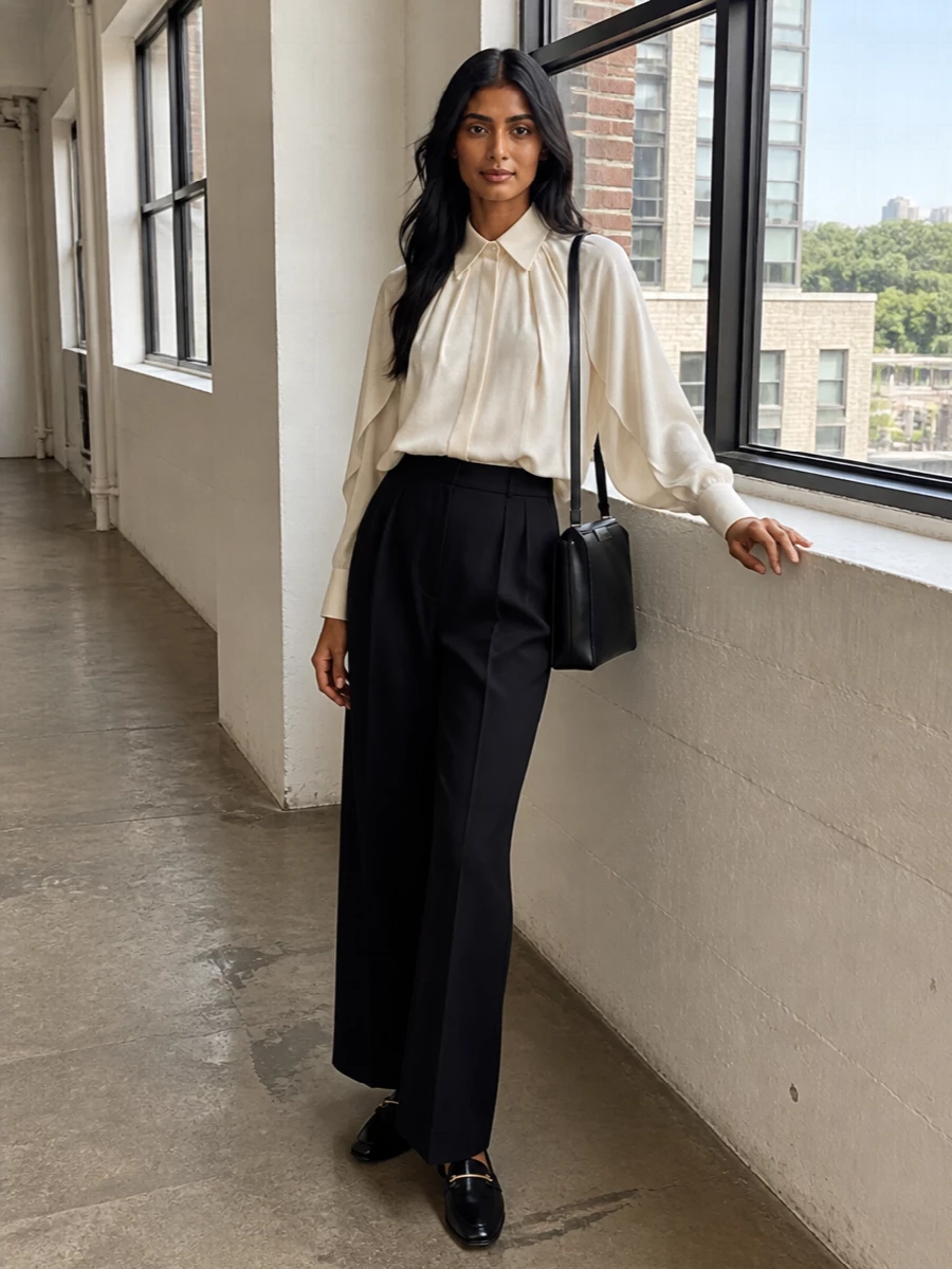 Deep navy wide-leg tailoring meets a sculptural ivory blouse for a boardroom-ready take on contrast that still feels restrained. Black leather loafers and a structured shoulder bag keep the line clean and modern, while a weightless ivory scarf softly links light and dark tones. The result is a long, leggy silhouette that feels powerful yet unforced for long days that run into dinner.