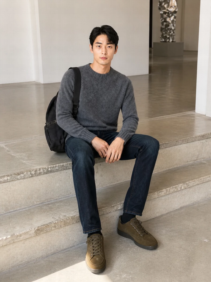 Tom ford charcoal sweater dark denim outfit
