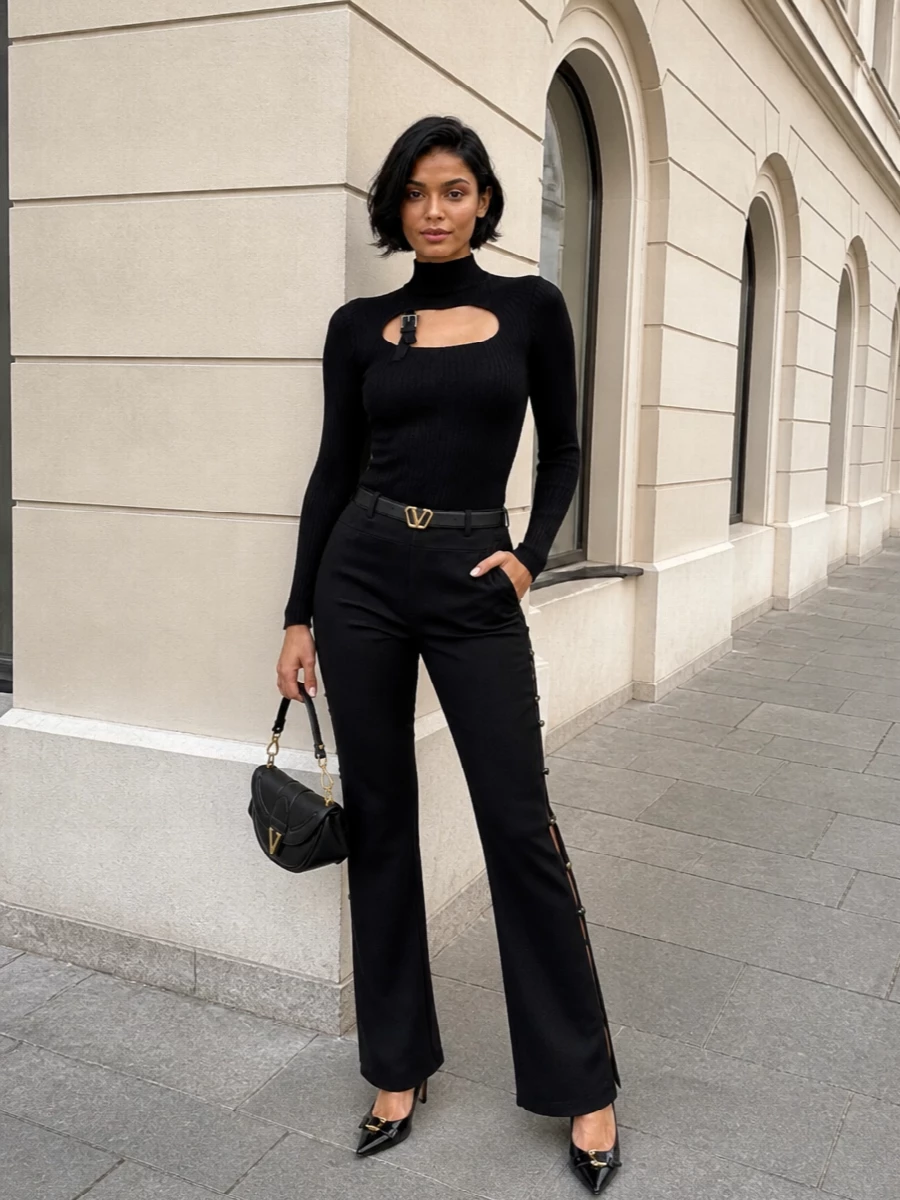 Versace black flared trousers cut out top outfit