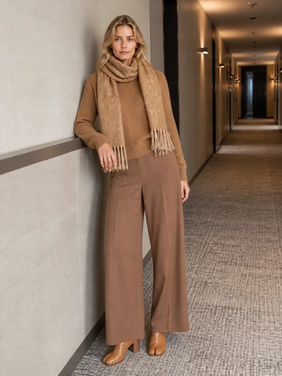 A camel-on-camel story that feels precise rather than fussy, anchored by the clean Margiela knit and a high-waisted wide-leg trouser for a long, relaxed column. Sculptural Tabi boots and a structured tan tote introduce subtle architecture, keeping the warmth of the palette in check. The herringbone-textured scarf finishes it with quiet depth and a practical layer of winter softness.