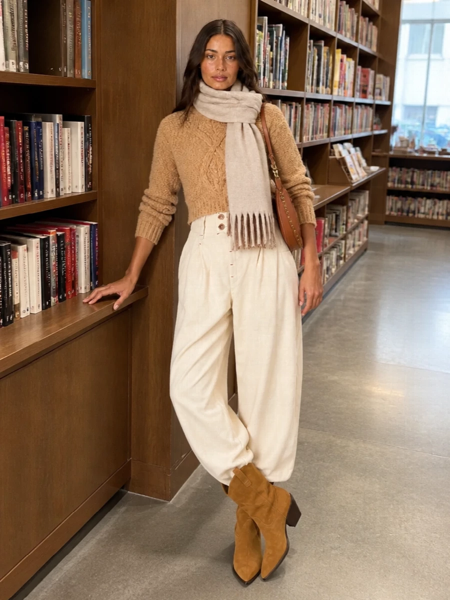 Warm camel and soft buttercream play together here for a quietly plush, city-ready take on winter dressing. The cropped cable knit sits neatly over the high-waisted wide leg, so the eye reads one long, relaxed column rather than bulk. Tan suede western boots and a cognac saddle bag bring a subtle Paris-meets-West note that keeps the neutrals interesting without feeling busy.