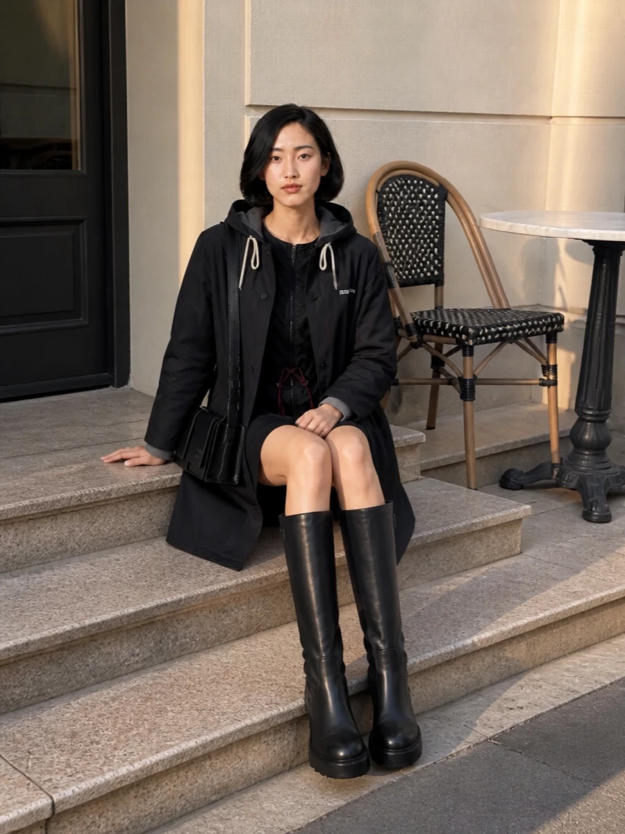 Miu miu parka prada nylon dress knee boots