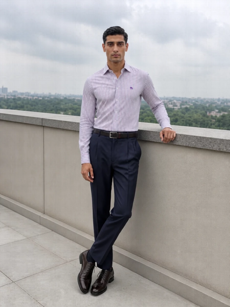 Etro striped shirt navy trousers tods brogues