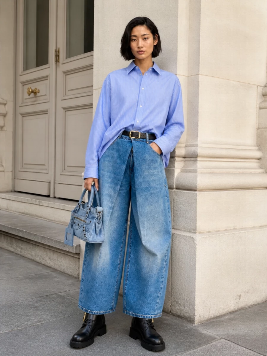 Balmain wide leg jeans balenciaga striped shirt outfit