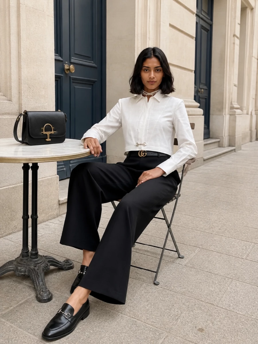 Gucci white shirt black wide leg trousers outfit