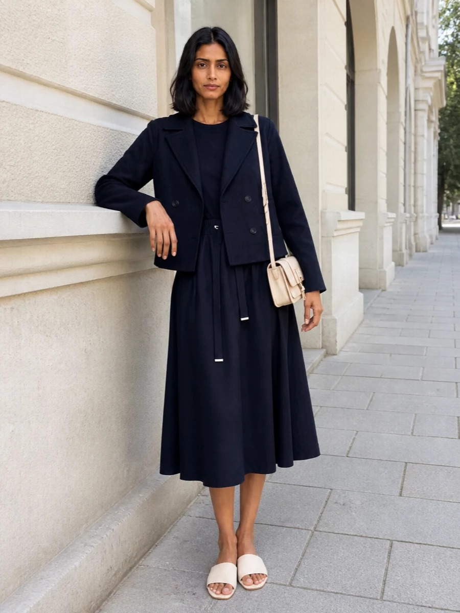 Harris wharf coat herno navy midi dress outfit