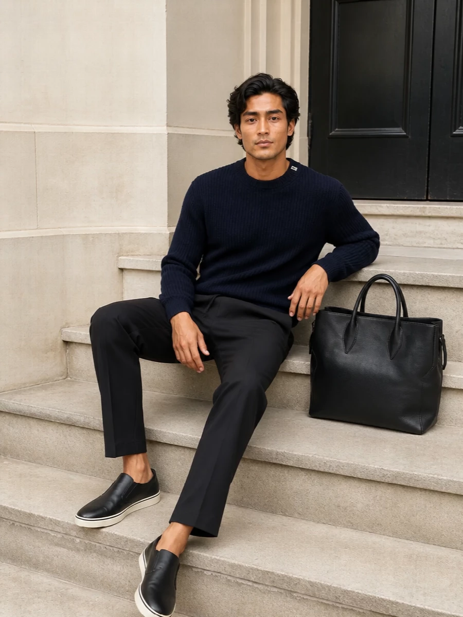 Ferragamo sneakers navy sweater black trousers