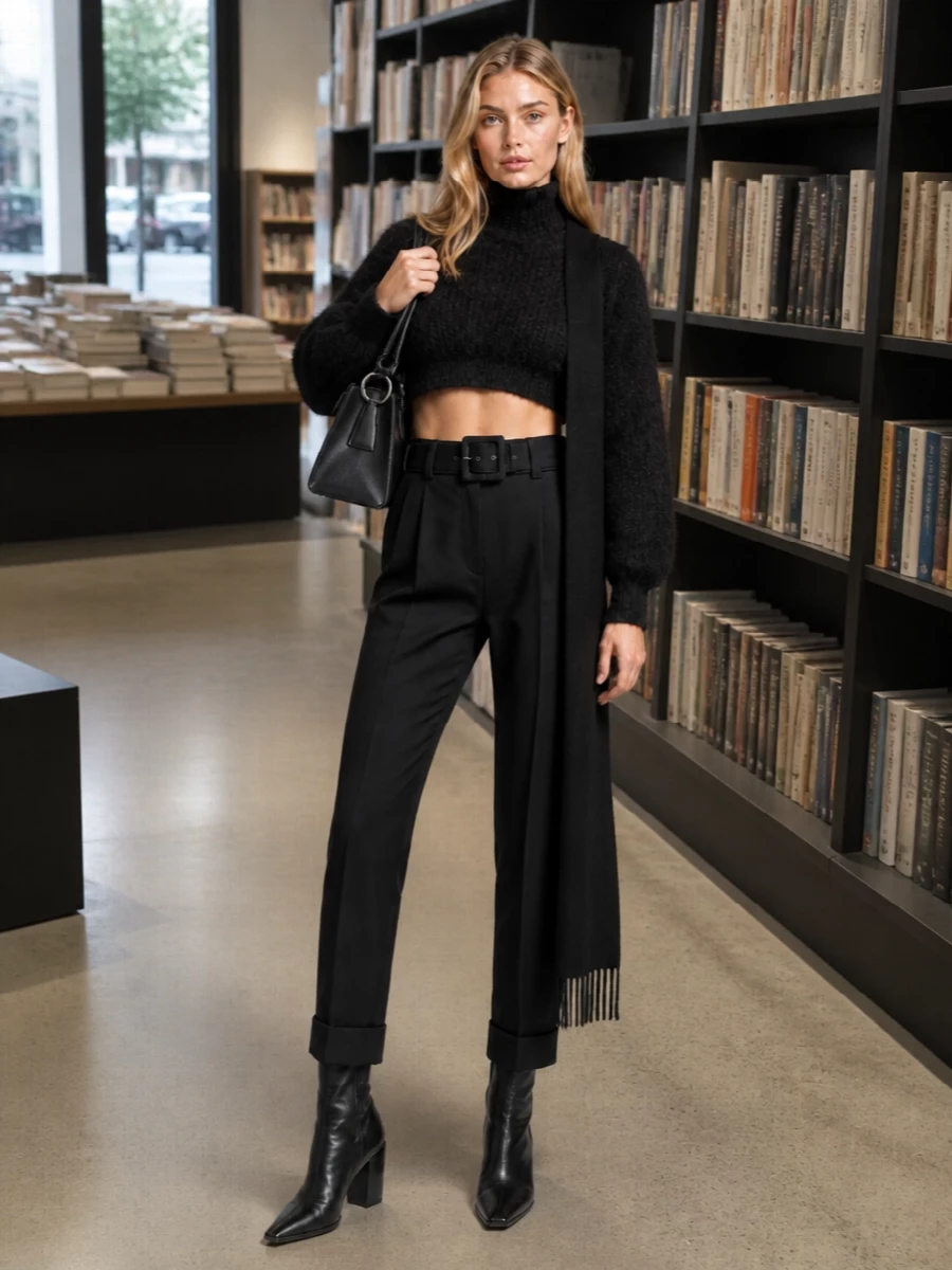 A cropped fuzzy black shrug tops a sharply belted high waisted trouser to create a clean, elongated column with just the right hit of Y2K attitude. Pointed black ankle boots and a structured top handle bag keep the lines graphic and grown up, while a long black scarf adds depth without breaking the monochrome calm.
