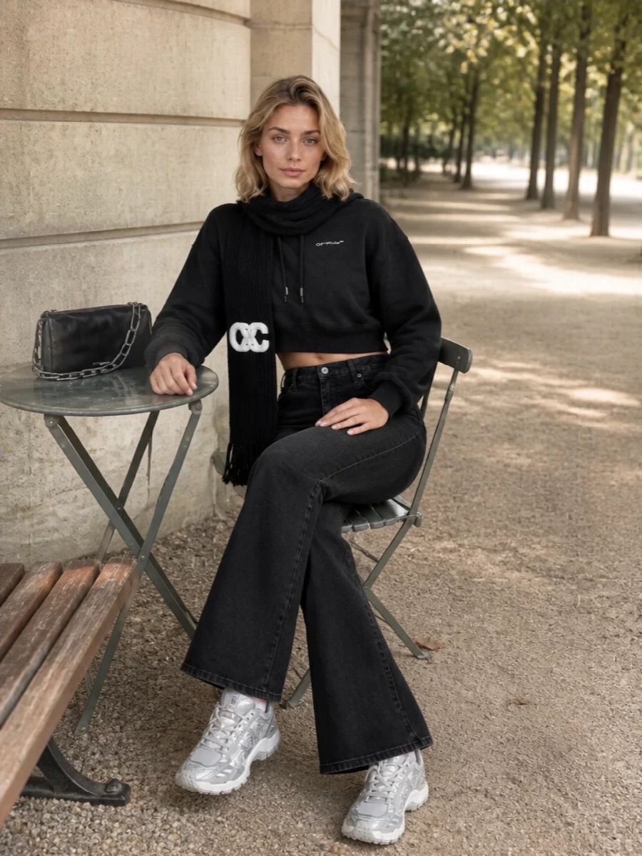 Off white cropped hoodie flared jeans outfit