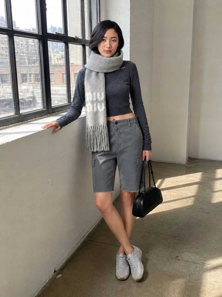 Miu miu cargo shorts cropped knit silver sneakers