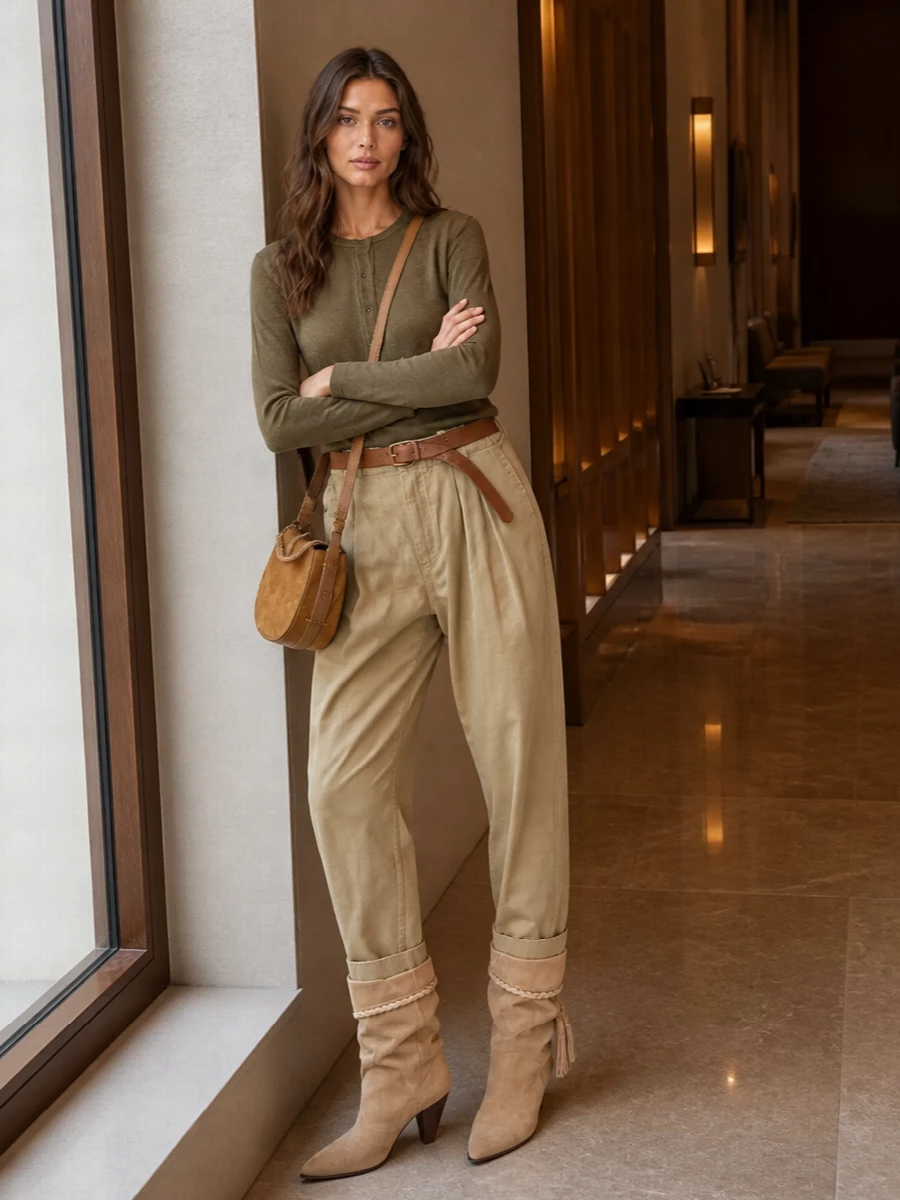 Washed olive, sand and camel sit together in an easy, sun-warmed palette that keeps the mood relaxed but considered. The straight henley and softly pleated high-rise trouser create a long, clean line, with slouchy suede boots adding just enough height and movement. A small suede crossbody and knotted belt finish it with subtle boho detailing that feels right for city days and relaxed weekends alike.