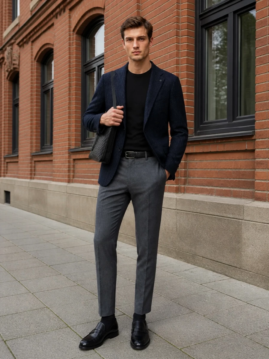 Tagliatore navy blazer charcoal trousers outfit