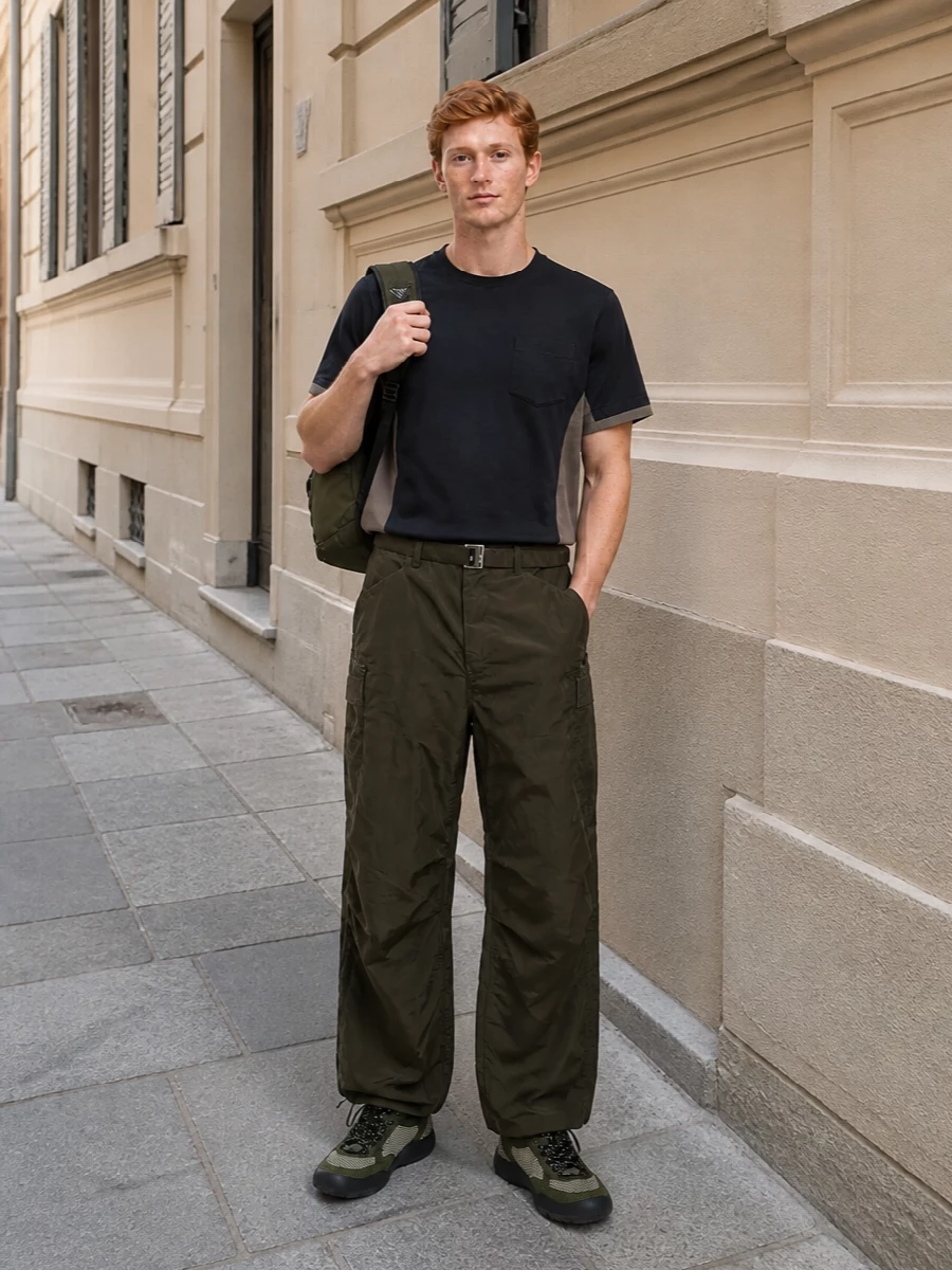 Sacai cargo pants technical tee prada sneakers