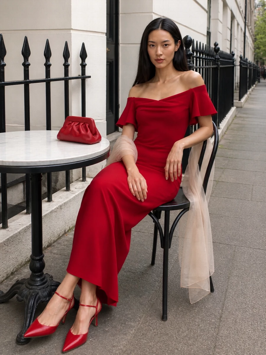 Solace london red evening dress red heels