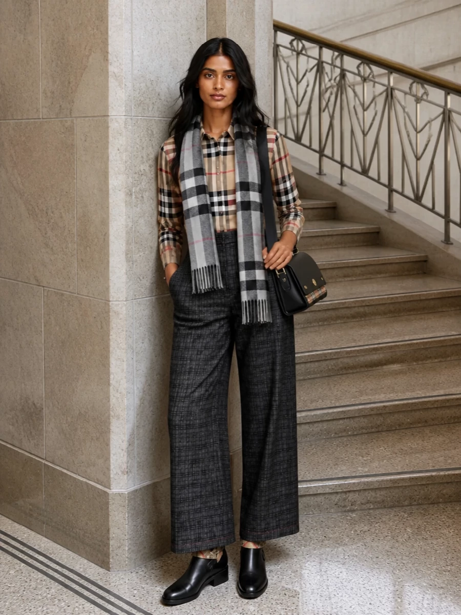 Burberry check shirt charcoal wide leg trousers