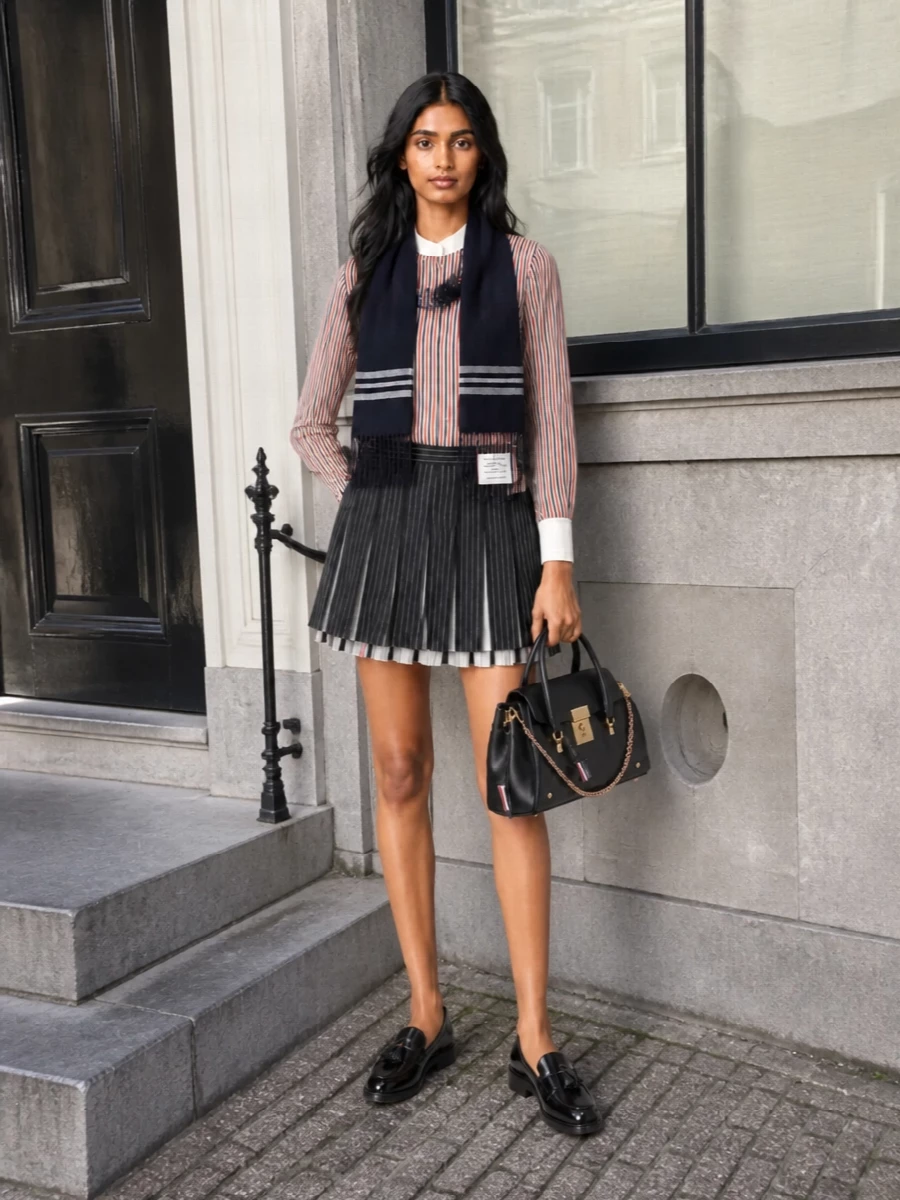 Thom browne striped shirt pinstripe skirt outfit