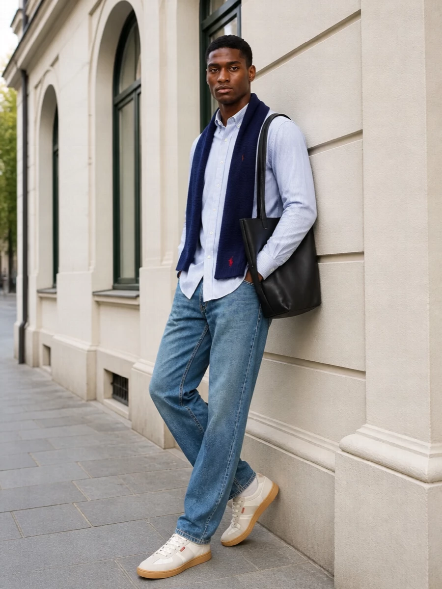 Faded Polo denim with a crisp striped shirt reads relaxed but considered, ideal for city days that run long. Off‑white court‑style sneakers keep it grounded and easy, while the structured black tote sharpens the finish just enough.