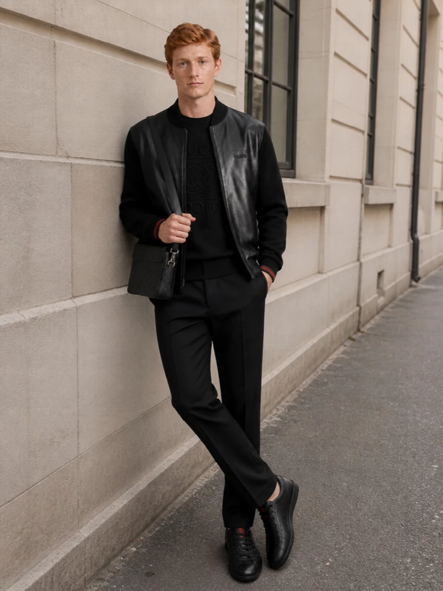 This look builds a tonal, quietly luxurious street uniform around the Gucci leather bomber, using a black logo sweatshirt and tailored-style track pants to keep the silhouette clean and athletic. Sleek black leather sneakers and a slim embossed crossbody reinforce the house codes in a restrained way, delivering a polished, SS-appropriate outfit that moves easily from city day to evening.