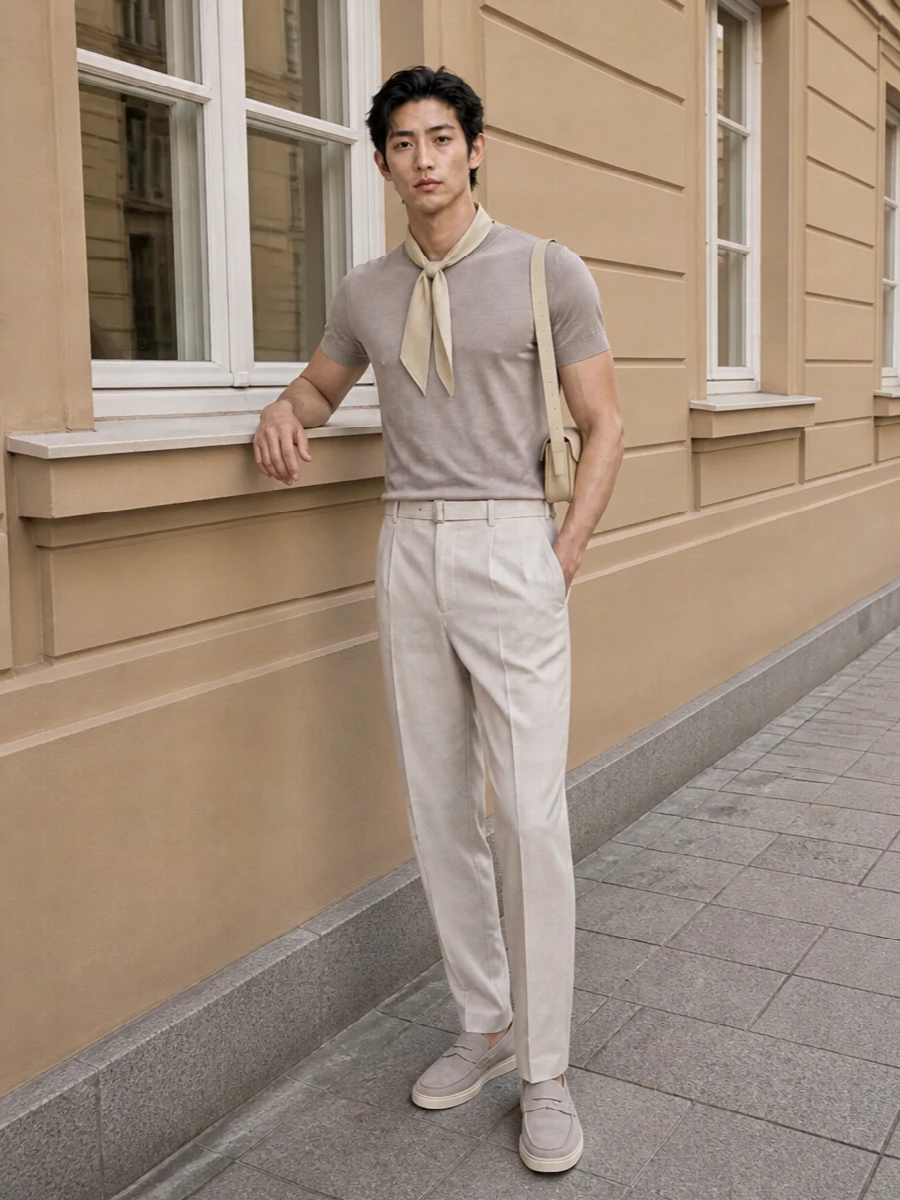 Lardini taupe knit beige pleated trousers outfit