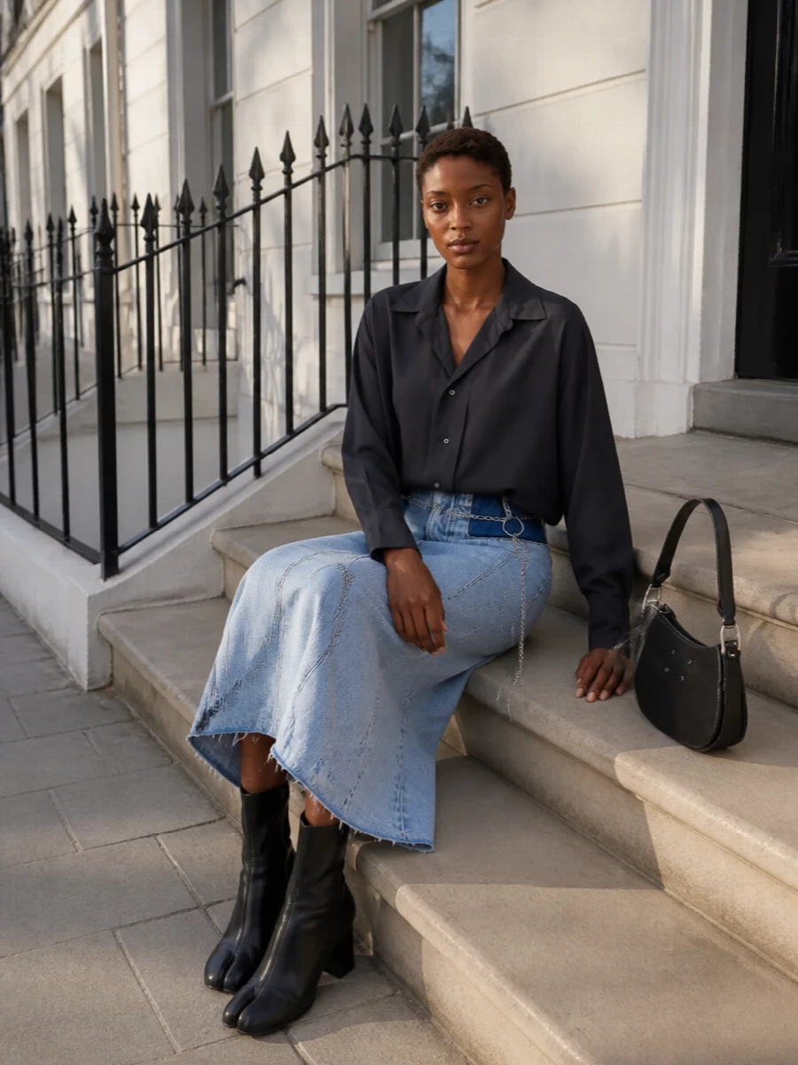 Maison margiela denim midi skirt black ankle boots