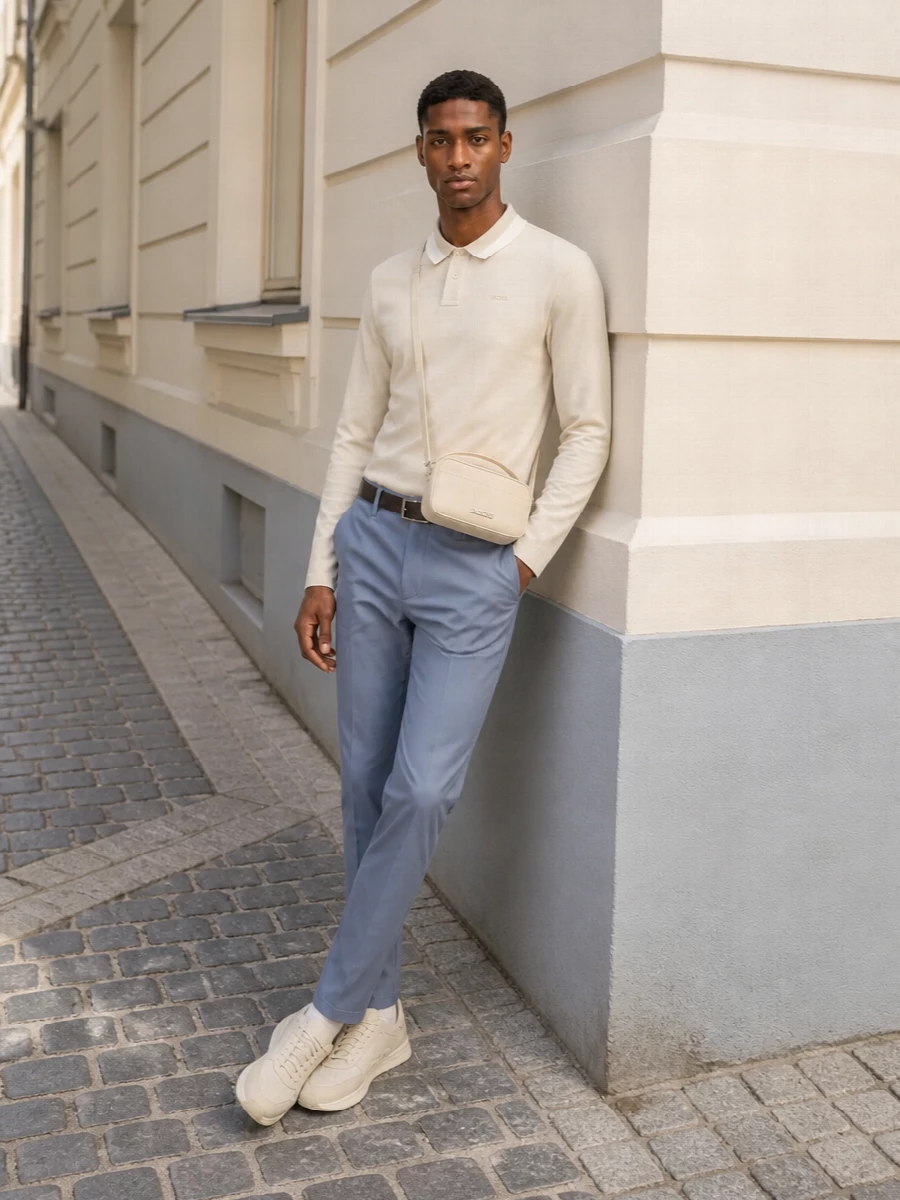 Boss knit polo slim blue trousers beige sneakers