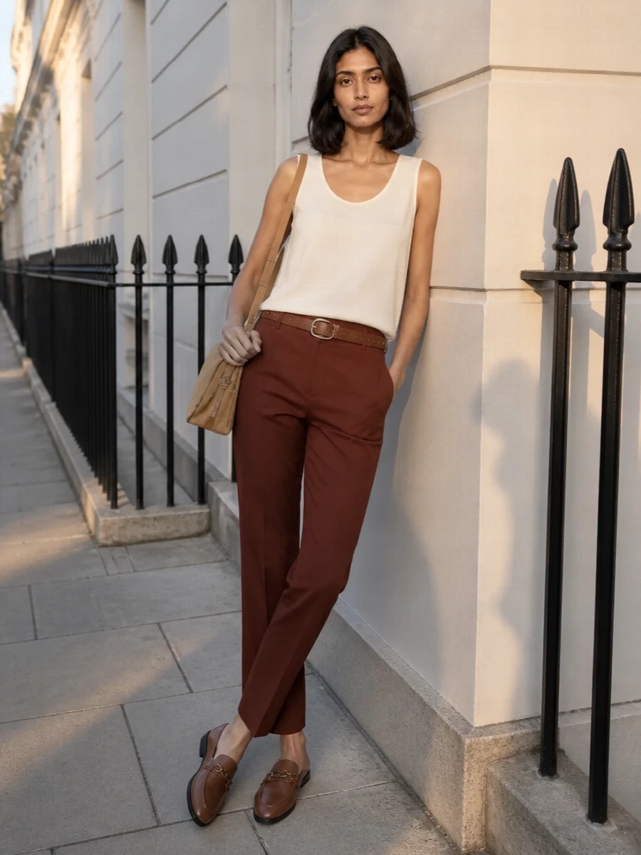 Pinko rust trousers ivory tank camel suede bag