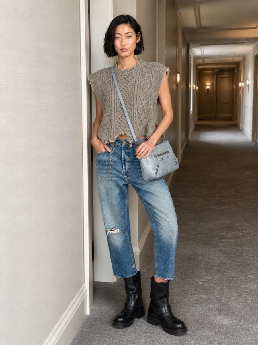R13 jeans balenciaga biker boots outfit