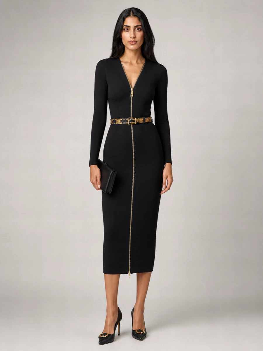 Dolce&Gabbana Long-Sleeve Zip-Front Midi Dress